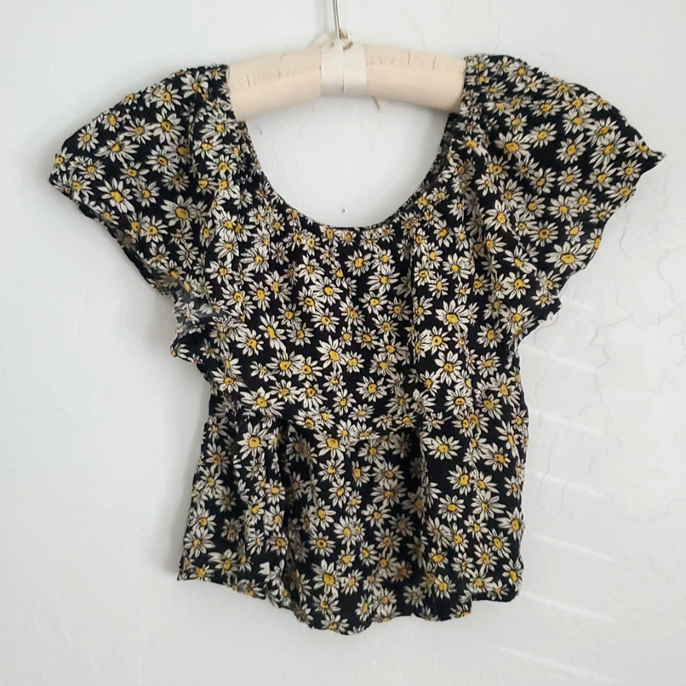 $5 CLOSET CLOSING Black Daisy Pattern Off-the-Shoulder Cropped Blouse Top XS